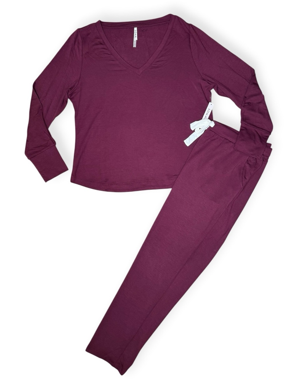 Soma Sunday V-neck Pajama Lounge Set L Long Sleeve Big Cab Maroon NWT